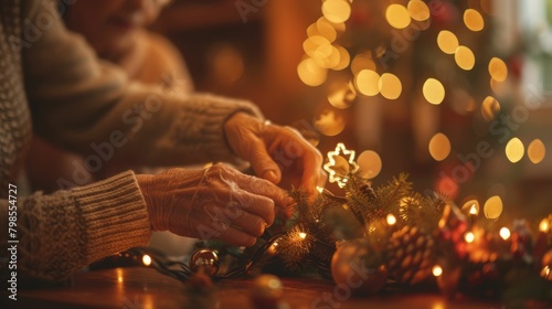 The picture of the family member is setting up holiday decorations, with the focus on their hands and the festive decor of christmas holiday, creating warm atmosphere with home cozy lighting. AIG43.