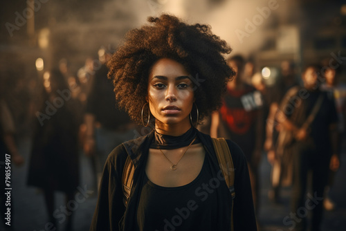 A poised young black woman with an afro stands out in a busy, sunlit street