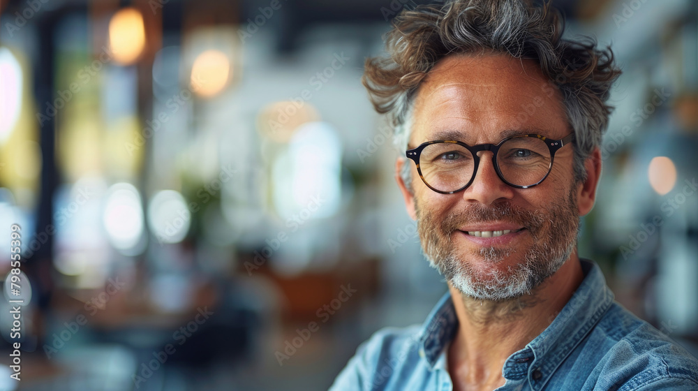 Optimistic professional businessman in business casual wear with glasses, looking at camera with charming smile in blurred modern office room with natural light Optimistic professional businessman in business casual wear with glasses, looking at camera with charming smile in blurred modern office room with natural light
