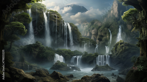 Natural waterfall in forested mountains  A serene cascade of green  flowing water amidst rocks and lush greenery