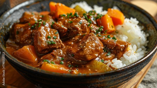 Close-up of a bowl of Japanese curry rice, featuring tender chunks of meat and hearty vegetables in a rich, flavorful sauce. photo