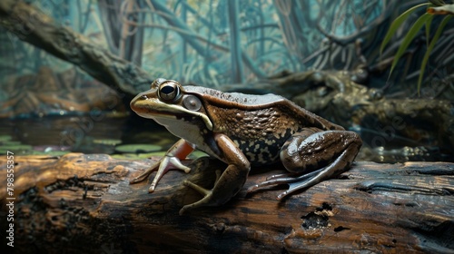 A frog resting on a fallen log, its smooth skin and sleek posture symbolizing the elegance and grace of these fascinating amphibians photo