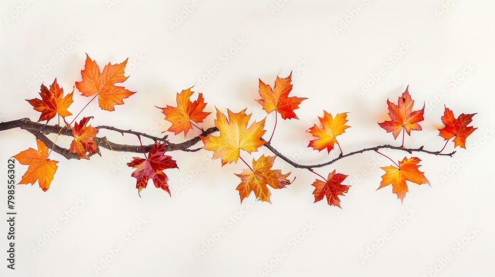 Red orange and yellow maple leaves branch against a white backdrop Red orange and yellow maple leaves branch against a white backdrop