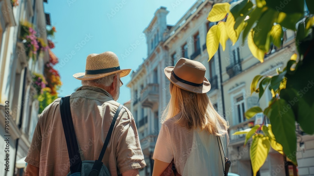 Summer Exploration, Tourist Elderly Man and Female Admiring Architectural and buildings in an Unfamiliar City
