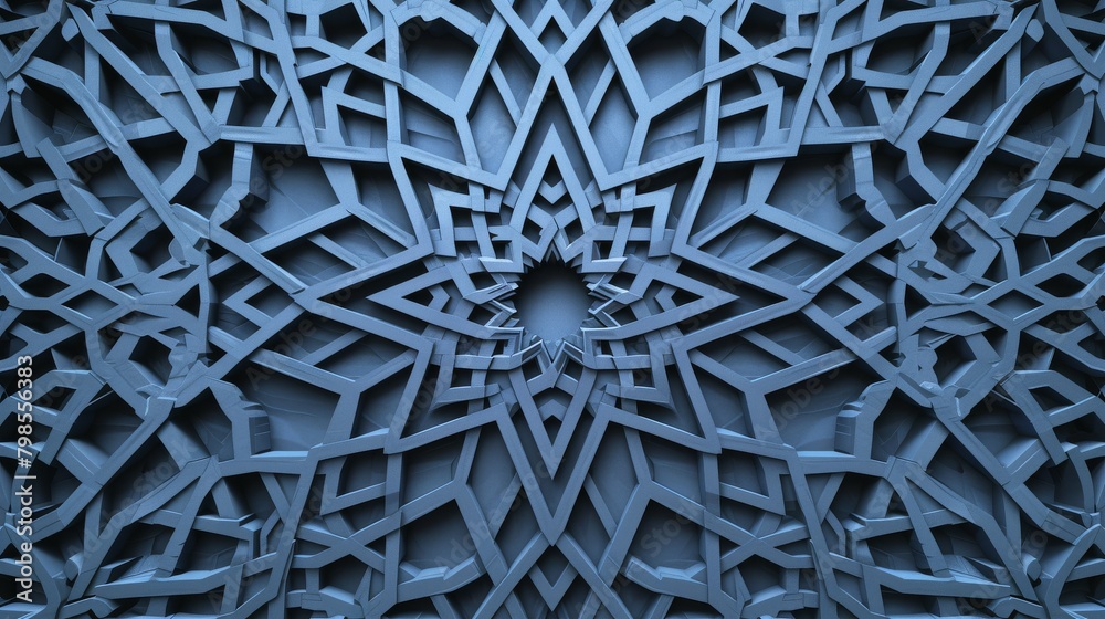 Intricate blue geometric pattern converging towards center Intricate blue geometric pattern converging towards center