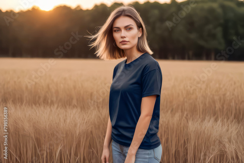 woman standing in field wearing navi t-shirt, t-shirt mock-up,  photo