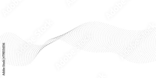 Abstract flowing dots particles wave curved lines on transparent background. Black halftone gradient smooth curve line shape background. Design for frequency sound, technology, science, banner. Vector