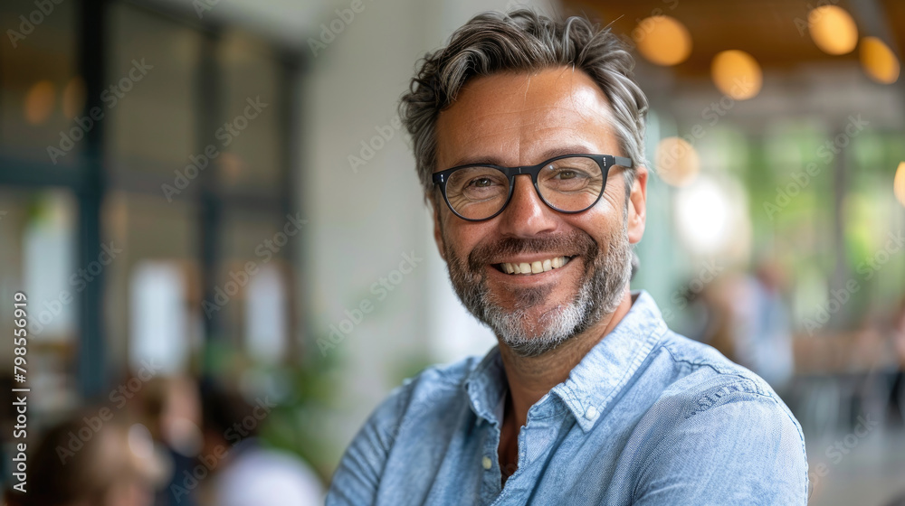 Optimistic professional businessman in business casual wear with glasses, looking at camera with charming smile in blurred modern office room with natural light Optimistic professional businessman in business casual wear with glasses, looking at camera with charming smile in blurred modern office room with natural light