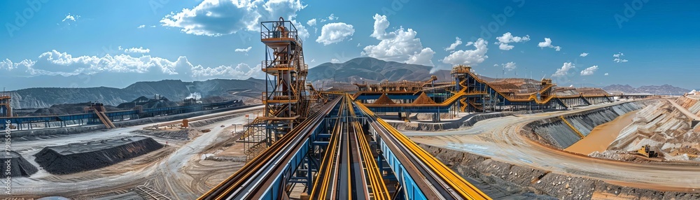 High angle view of conveyor belts transporting lithium ore through the processing plant