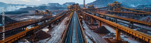 An elevated perspective captures conveyor belts in motion, transporting lithium ore through the processing plant photo