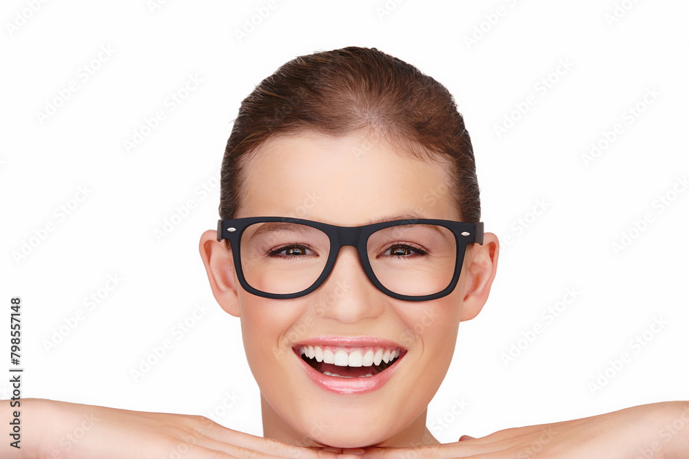 Woman, portrait and eye glasses in studio for vision optometrist on white background, frames or mockup space. Female person, face and happiness with hands or lens prescription, spectacles or sight Woman, portrait and eye glasses in studio for vision optometrist on white background, frames or mockup space. Female person, face and happiness with hands or lens prescription, spectacles or sight
