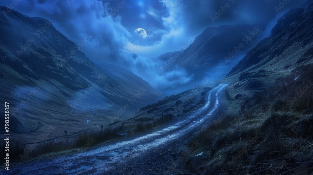 Fototapeta premium A mountain road illuminated by the soft glow of moonlight, casting shadows and creating an enchanting nocturnal scene in the highlands.