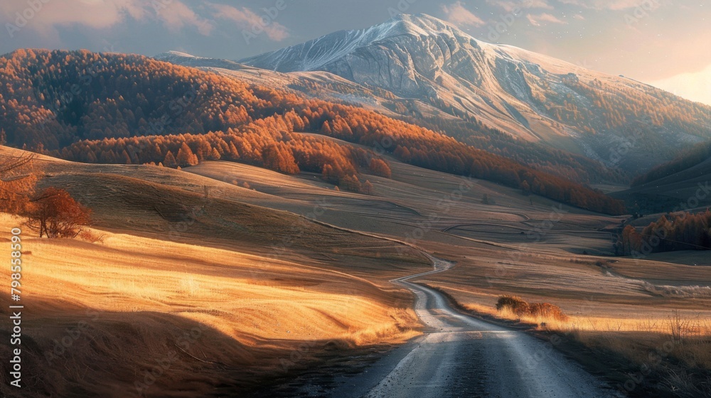 A mountain road illuminated by the soft glow of sunset, casting long shadows and painting the landscape in warm hues.
