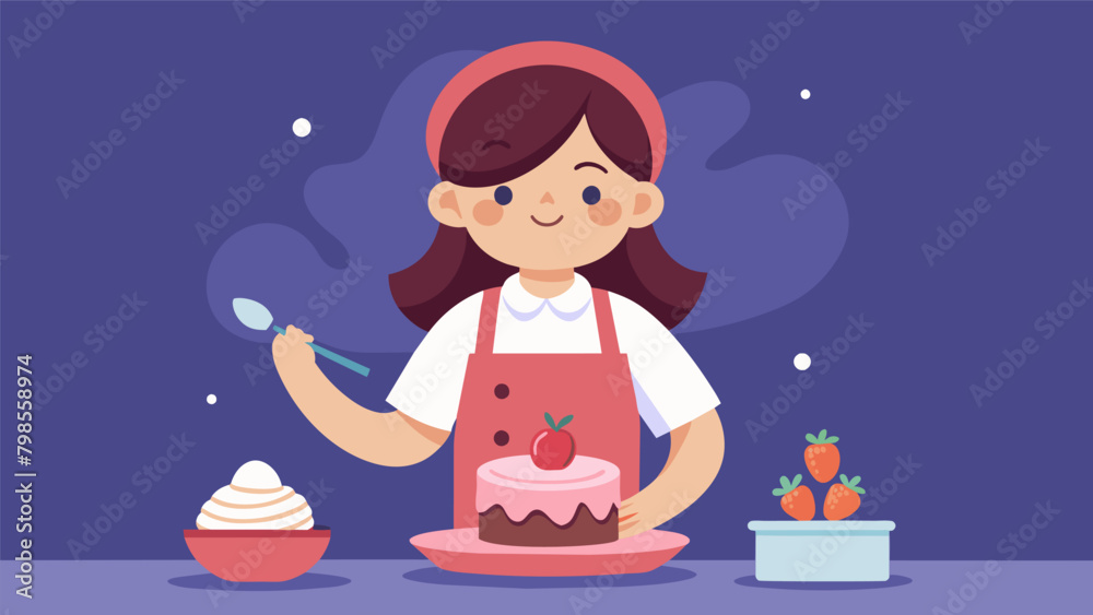 Fototapeta premium A girl delicately plating a dessert with precision and concentration as she learns to create culinary masterpieces on Young Chefs Day.