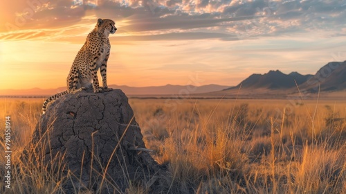 A cheetah surveys the vast savanna from atop a termite mound, the setting sun's vibrant hues painting the mountains in the panoramic view. photo