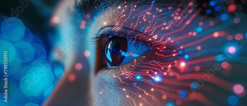 Close-up of a Chinese man with a digital computer circuit board design in his eye that is colourful and bright for those with modern vision. photo