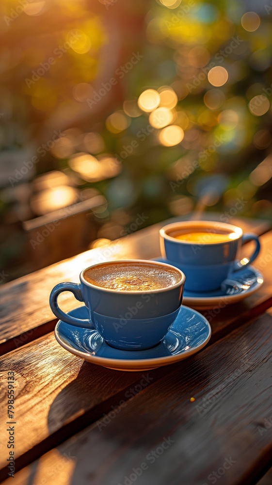 Obraz premium morning coffee, two espresso cups on a wooden table in a cafe or coffee shop.