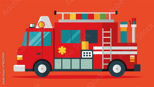 The fire truck fully equipped with ladders hoses and other lifesaving equipment representing the preparedness and dedication of firefighters.. Vector illustration