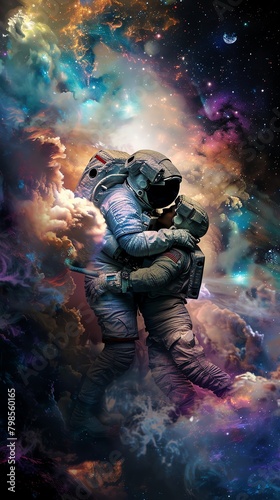 Capture the essence of a futuristic love story set in space, focusing on a couples intimate embrace aboard a spacecraft Employ digital glitch art to convey a sense of otherworldly passion