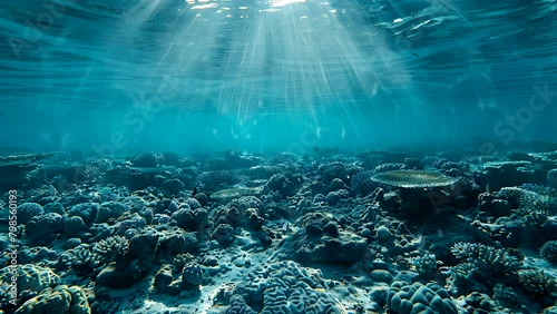 Tranquil underwater scene with coral reefs and sunlight penetrating the water, World Oceans Day. Seamless looping 4k time-lapse video animation background photo