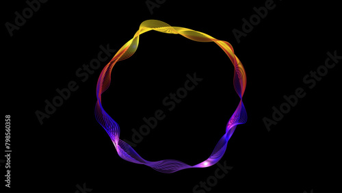 Abstract glowing neon yellow, orange, and purple blue gradient color wave line circle isolated on black background. Futuristic technology and science concept. Vector illustration.