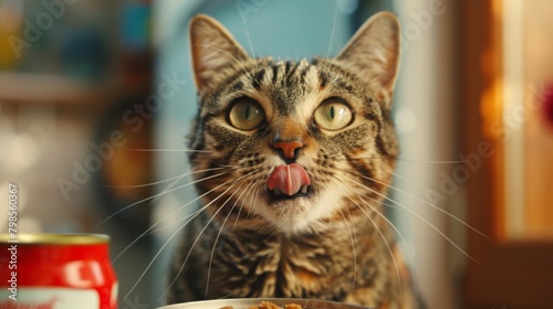 A plump cat licking its lips with anticipation as it eyes a can of wet food being opened, its hunger driving its every move.