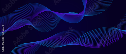 Abstract blue and purple gradient flowing wave lines on dark blue background. Particle lines design element banner for futuristic modern technology science decoration. Vector illustration.