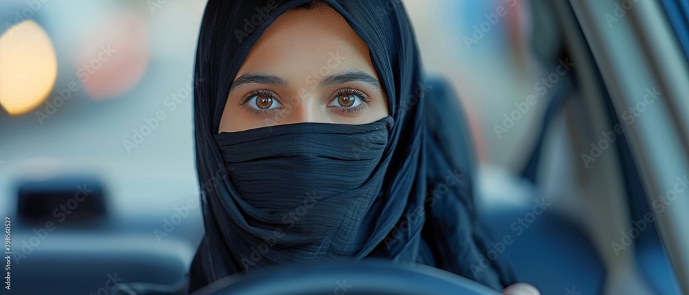 Middle Eastern woman looking at the camera while driving, her face covered in a black niqab. Middle Eastern woman looking at the camera while driving, her face covered in a black niqab.