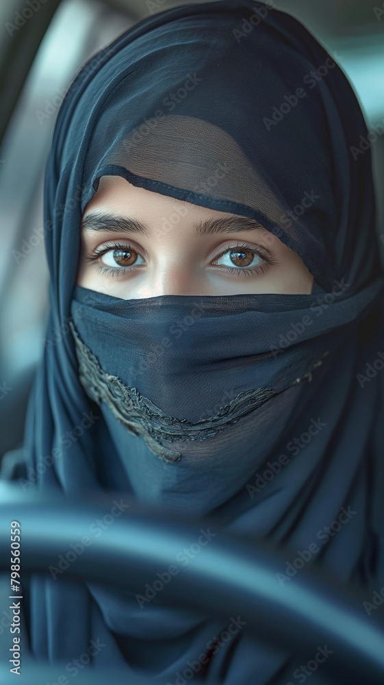 Middle Eastern woman looking at the camera while driving, her face covered in a black niqab.