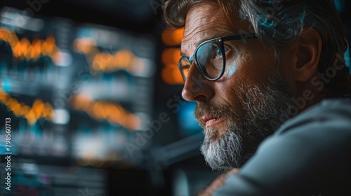 An experienced senior analyst with glasses deeply focused on analyzing complex data displayed across multiple computer monitors.