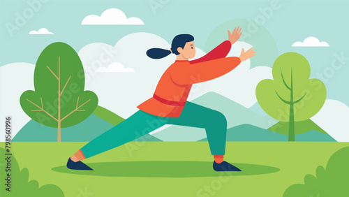 A person practicing tai chi in the park focusing on slow and deliberate movements to promote relaxation and mindfulness.. Vector illustration © Justlight