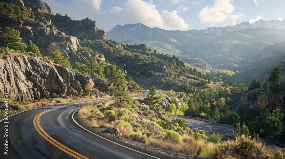 A road trip adventure along a mountain highway, with friends enjoying the stunning vistas and winding curves along the way.