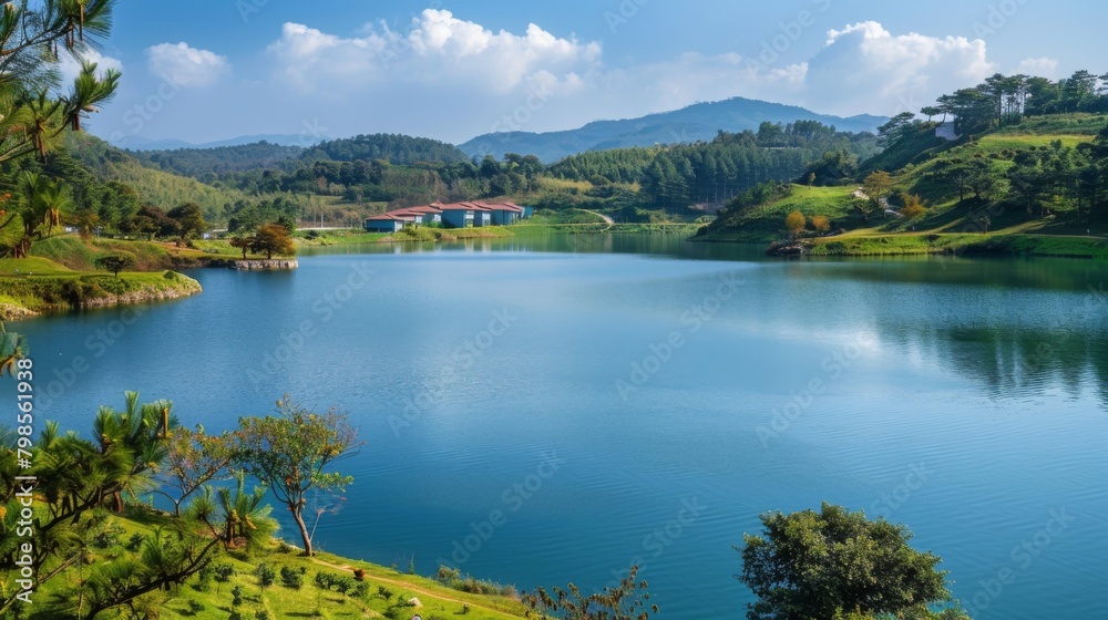 A serene lake formed by a dam, its shores dotted with recreational facilities and lush greenery, inviting visitors to enjoy its beauty. A serene lake formed by a dam, its shores dotted with recreational facilities and lush greenery, inviting visitors to enjoy its beauty.