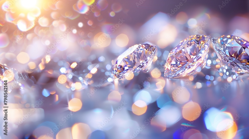 Sparkling diamonds on a bokeh background, Shiny diamond gemstones, Luxury diamond banner, AI generated