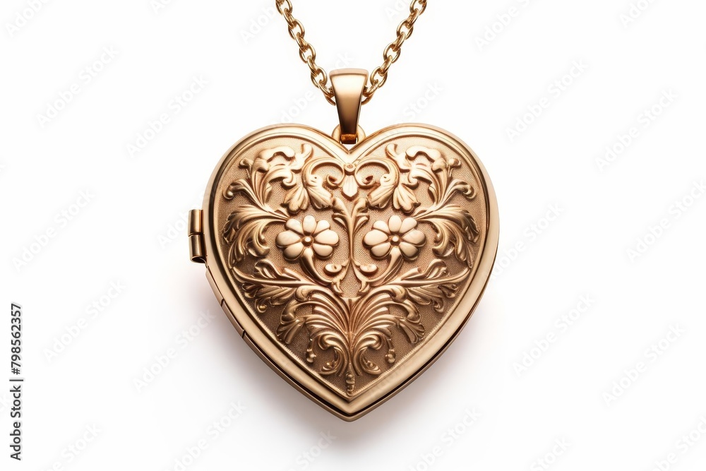 A gold heart locket with a floral design on a white background. A gold heart locket with a floral design on a white background.
