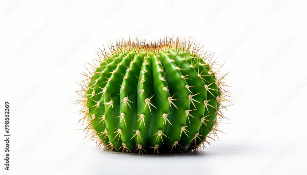 A green cactus with long sharp spines on a white background.