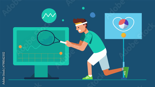 A tennis player hitting a ball towards a virtual opponent on a screen his brain waves measured and analyzed to improve his reaction time..