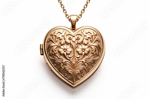 A gold heart locket with a floral design on a white background.