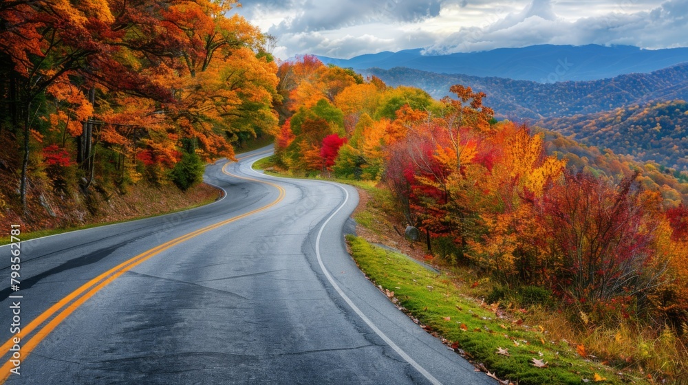 A winding mountain road flanked by colorful autumn foliage, the vibrant leaves creating a picturesque backdrop for travelers.