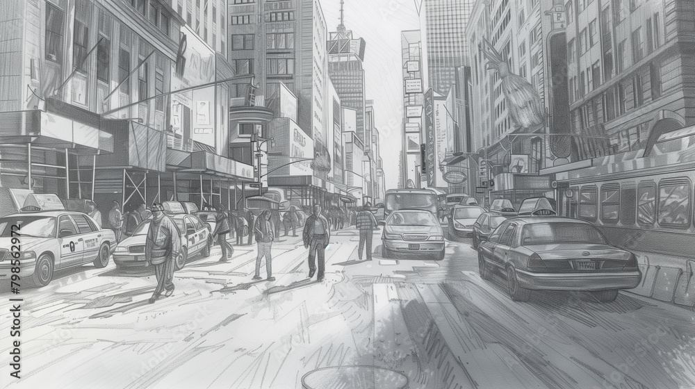 Fototapeta premium A whimsical pencil sketch of a bustling city street scene, Generative AI