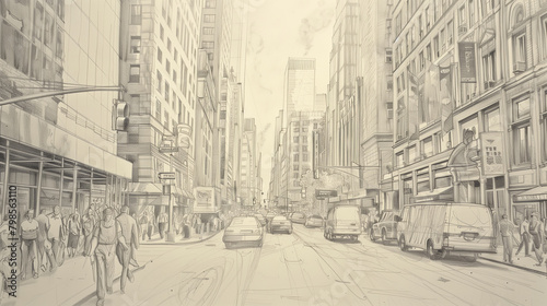 A whimsical pencil sketch of a bustling city street scene, Generative AI