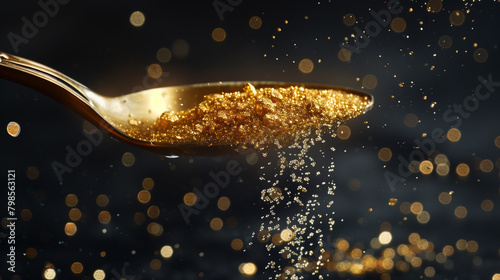 Gold Collagen dripping luxuriously from a golden spoon photo