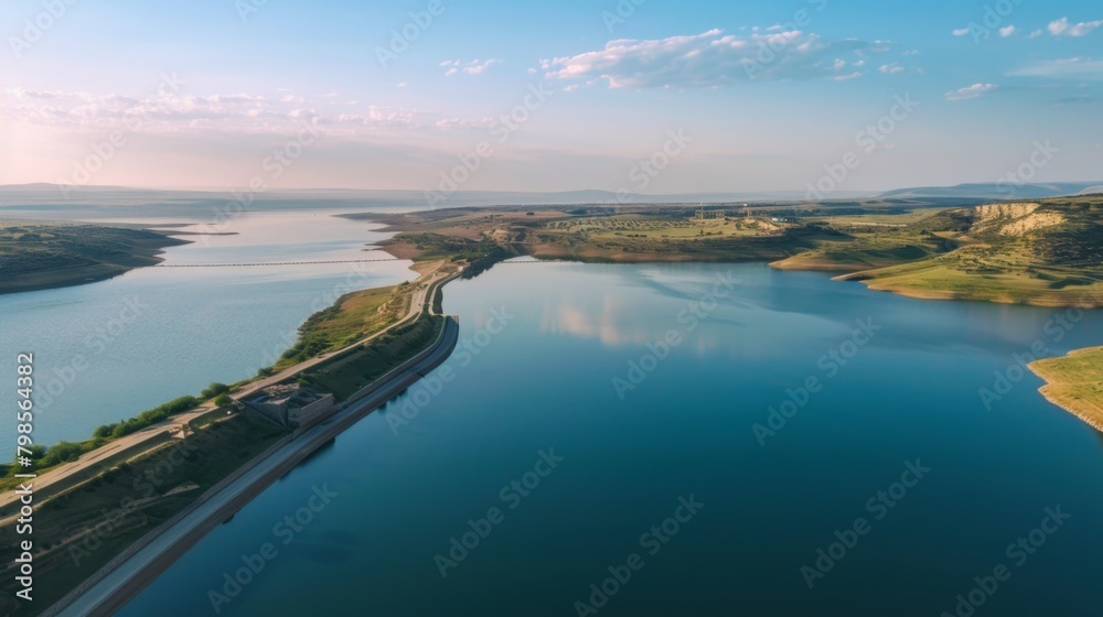 Aerial view of a sprawling reservoir behind a dam, its calm waters stretching out into the horizon, providing vital resources for the region.