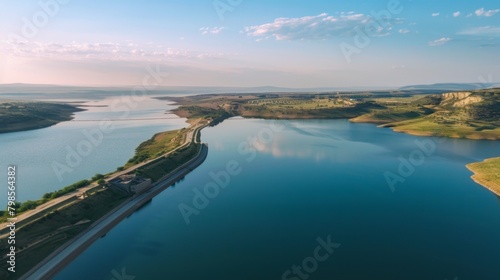Aerial view of a sprawling reservoir behind a dam, its calm waters stretching out into the horizon, providing vital resources for the region.