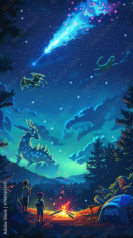 Illustrate the awe-inspiring sight of a panoramic view during a camping trip beneath a starry sky populated by enchanting mythical creatures, rendered in vivid pixel art style with a touch of glowing Illustrate the awe-inspiring sight of a panoramic view during a camping trip beneath a starry sky populated by enchanting mythical creatures, rendered in vivid pixel art style with a touch of glowing
