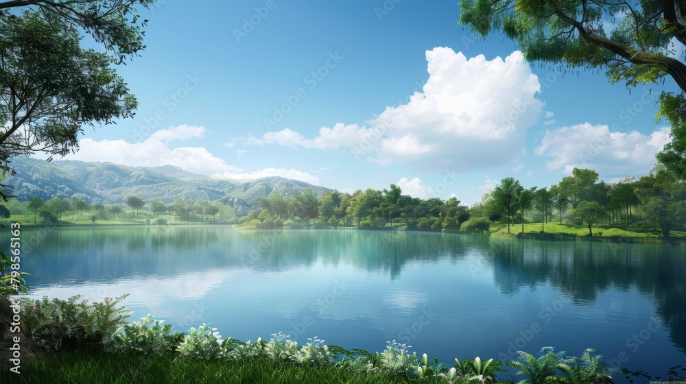 An expansive reservoir framed by lush greenery, its tranquil surface reflecting the surrounding landscape, offering a serene vista. An expansive reservoir framed by lush greenery, its tranquil surface reflecting the surrounding landscape, offering a serene vista.