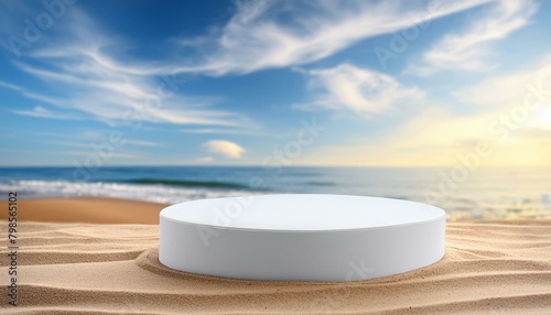 Beachside Elevation: 3D Cylinder Podium Pedestal with Seaside Sand and Sky Backdrop