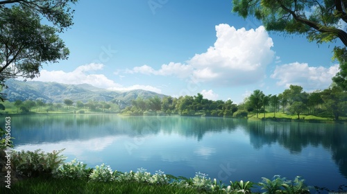 An expansive reservoir framed by lush greenery, its tranquil surface reflecting the surrounding landscape, offering a serene vista.