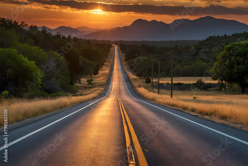 A highway towards mountains at sunset