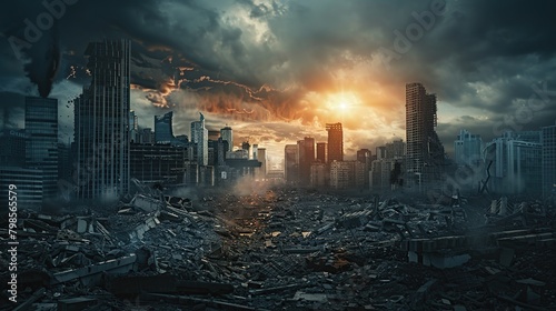 Abandoned broken big city with skyscrapers after a disaster - tornado  earthquake or war. The concept of the end of the world and destruction - apocalypse. copy space for text.